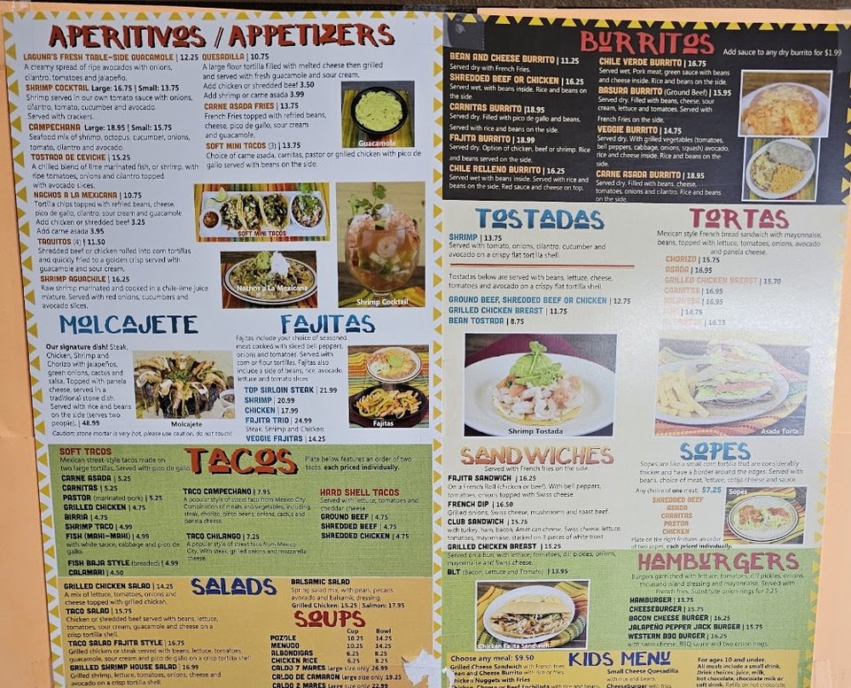 Menu page with appetizers and fajitas.